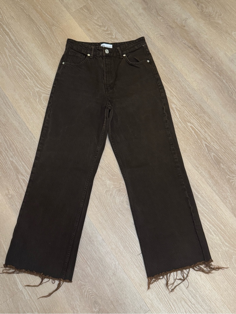 Zara Dark Brown Wide Leg High-Rise Jeans with Frayed Hem